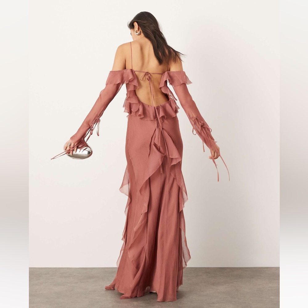 ASOS Chiffon Halter Cold Shoulder Raw Edge Ruffle Maxi Dress